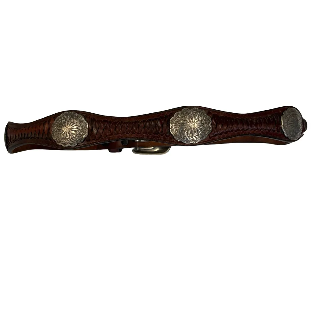 Vtg B.A.S. 95 Braided Leather Concho Western Belt Etched Floral Buckle Brown - Image 4