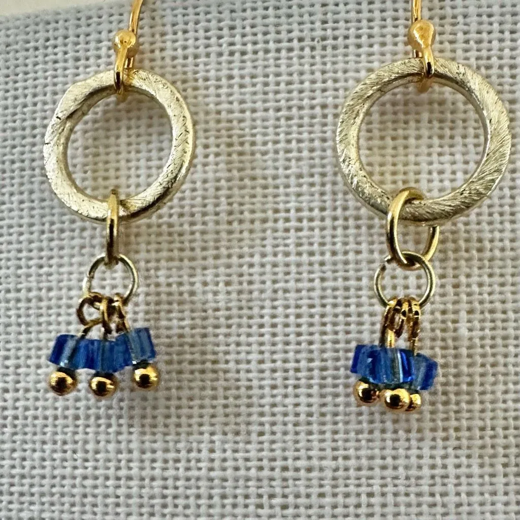 Elaine Chu Handcrafted Gold & Blue Beaded Dangle Earrings - Image 2