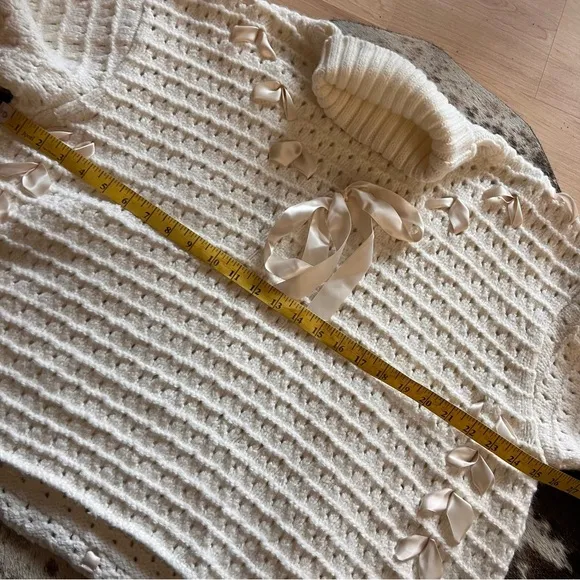 FOR LOVE & LEMONS‎ Off White Liberty Knit Sweater Braided Ribbon Bow Size S - Image 5