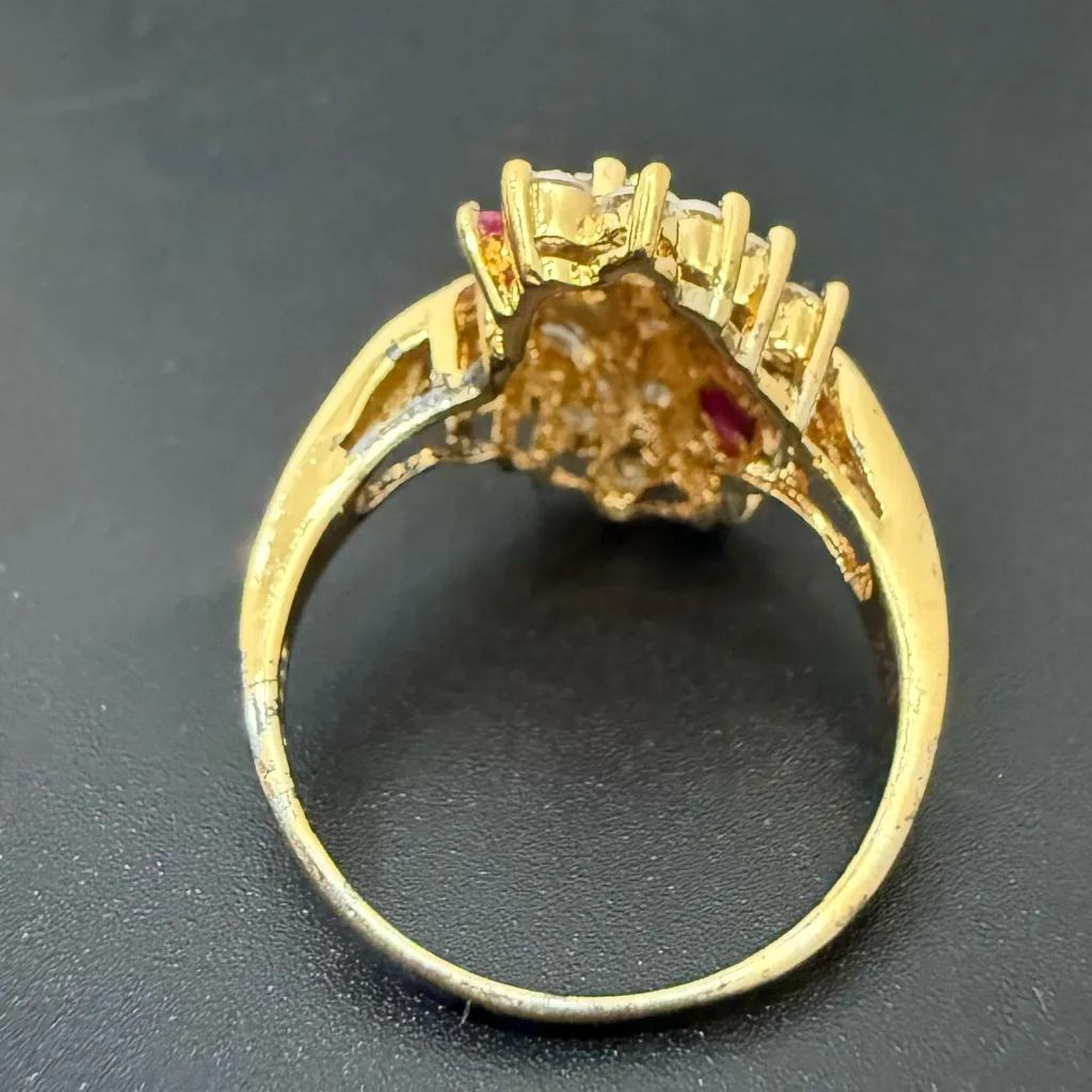 Vintage Signed 925 Gold Over Sterling Silver Ruby/Clear CZ Cocktail Ring Size 8 - Image 3