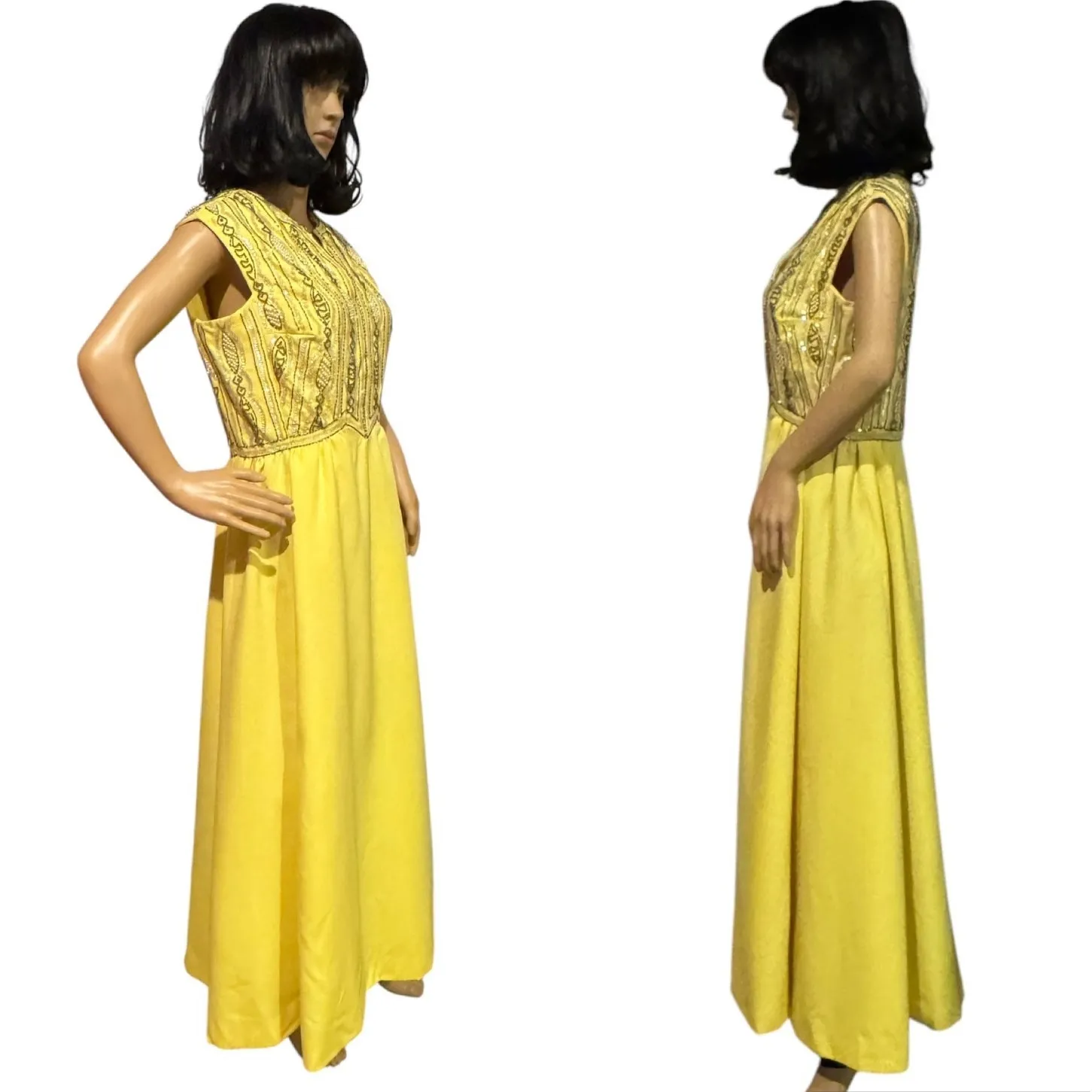 Vintage 1950s Yellow Beaded & Sequin Pearl Embellished Sleeveless Gown | Large - Image 7