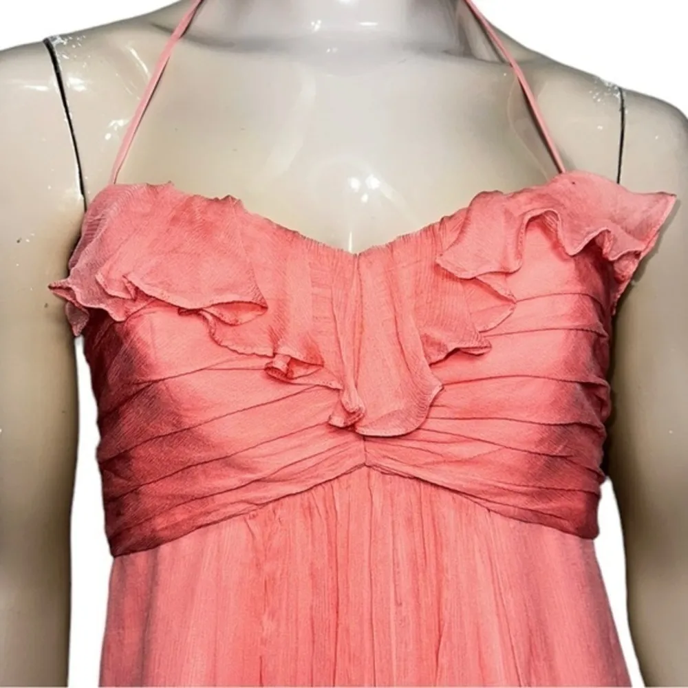 Amsale Women’s 6 Coral Peach Pink Silk Chiffon Ruffle Neckline Halter Dress Gown Orange - Image 6