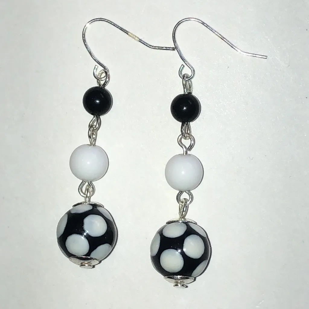 Black and White Polka Dot Beaded Ball Drop Boho Earrings - Image 4