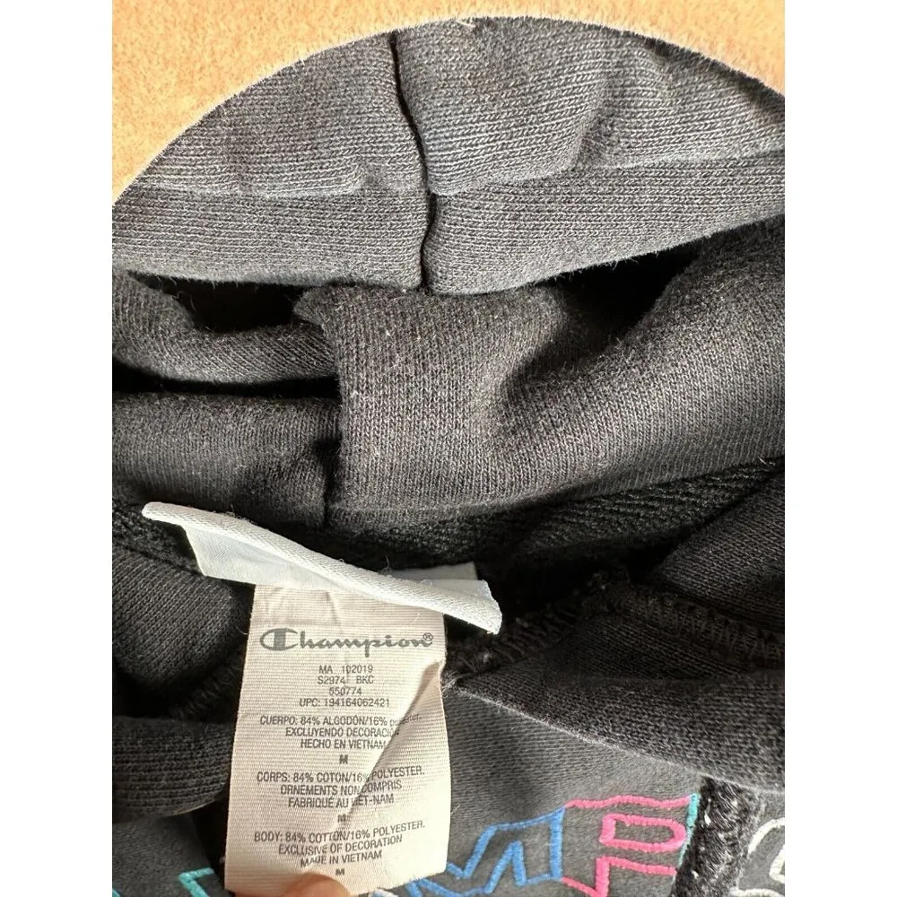 Vintage Champion Reverse Weave Hoodie Medium Spellout Logo Black Pullover - Image 10