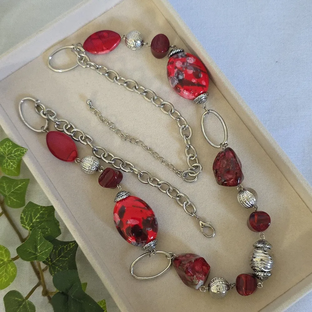 Silver with Red Art Glass and Acrylic Beads Long Necklace - Image 2