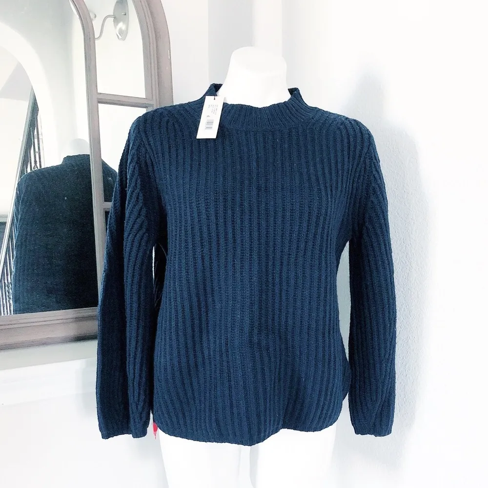 Rebecca Taylor Ribbed Navy Sweater Mock Neck Wool Blend Size L NWT $295 - Image 3