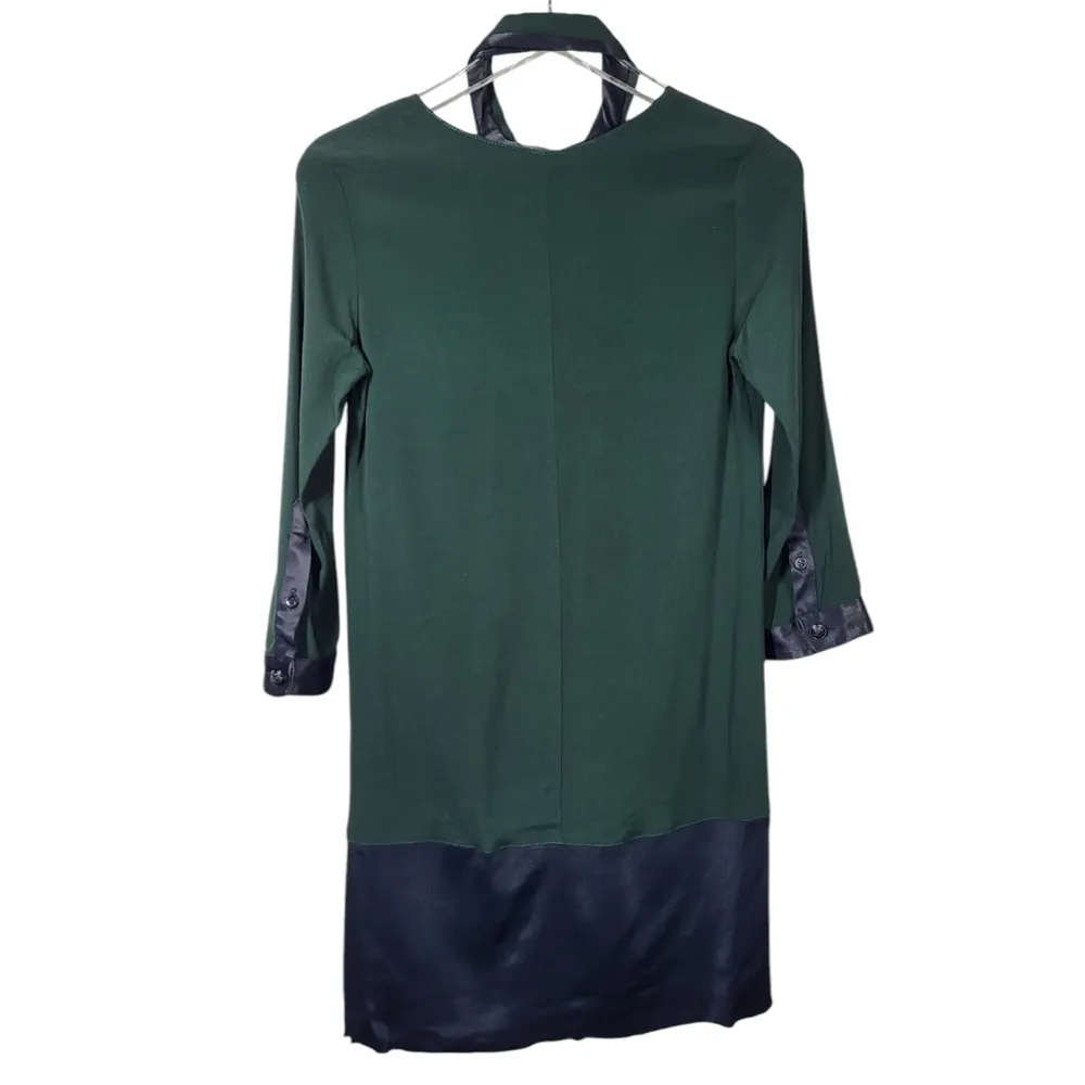 NWT The Kooples Peekaboo Nape Light Crepe Satin Mini Shirt Dress in Green/Black - Image 4