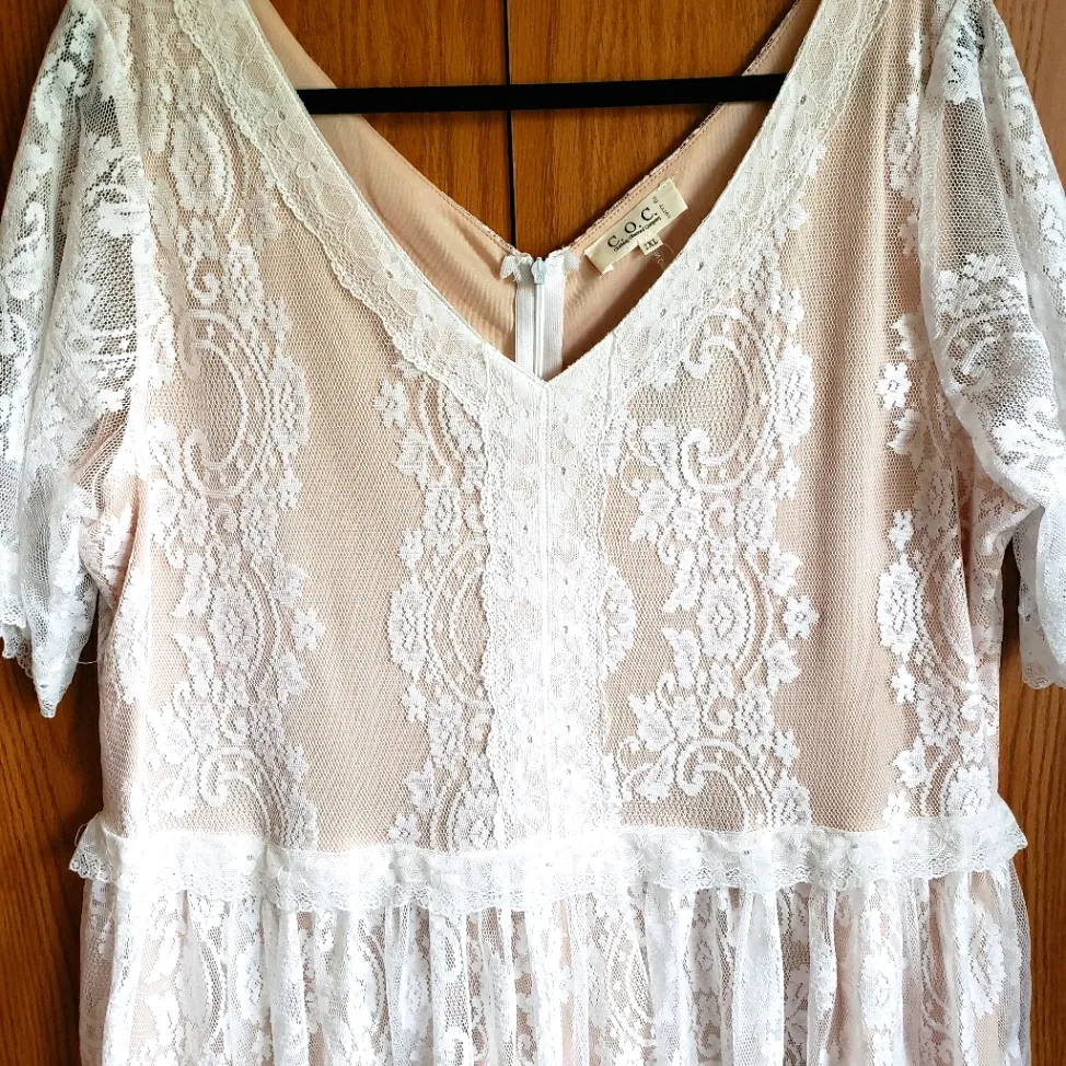 NEW C.O.C NWT Womens Plus 2X Cream Nude Lace Midi Beach Sexy Wedding‎ Dress White - Image 6