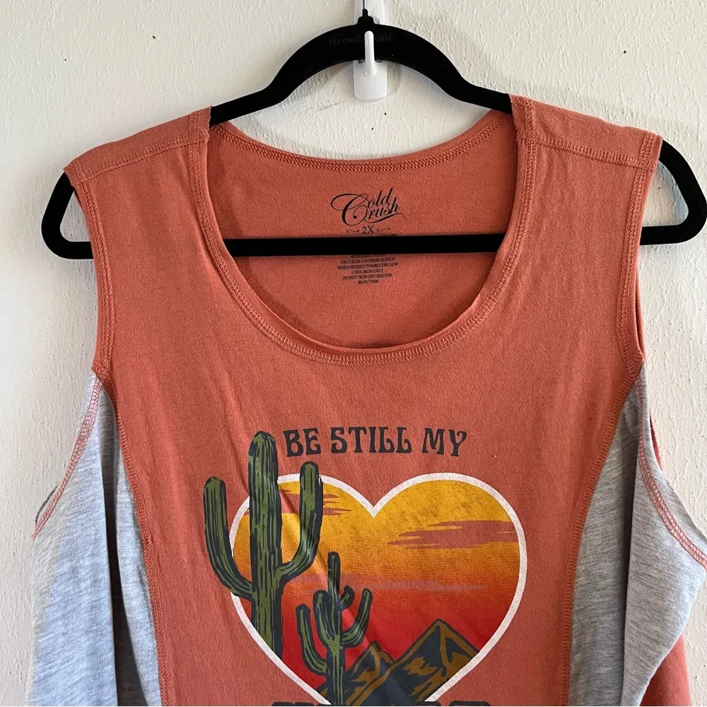 Cold Crush Tank Orange & Gray Be Still My Heart Western Print Muscle T Sz 2X GUC - Image 3