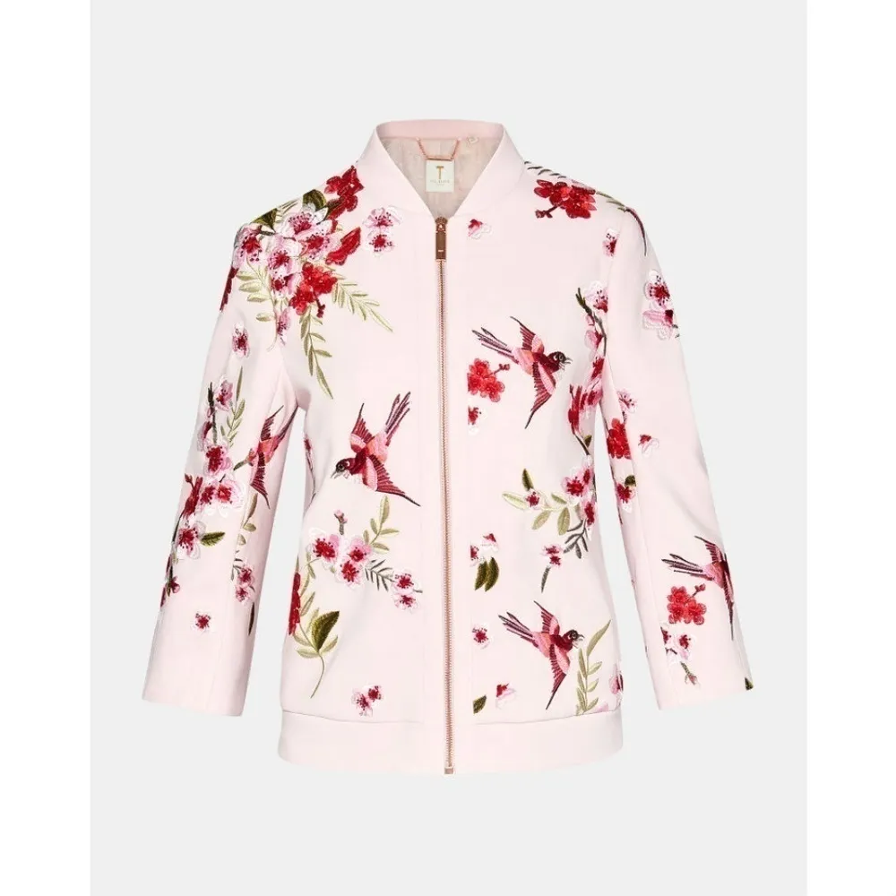 💕TED BAKER LONDON💕 Llelah Bomber Jacket Bird & Blossom Print Embroidered 6 NWT - Image 7
