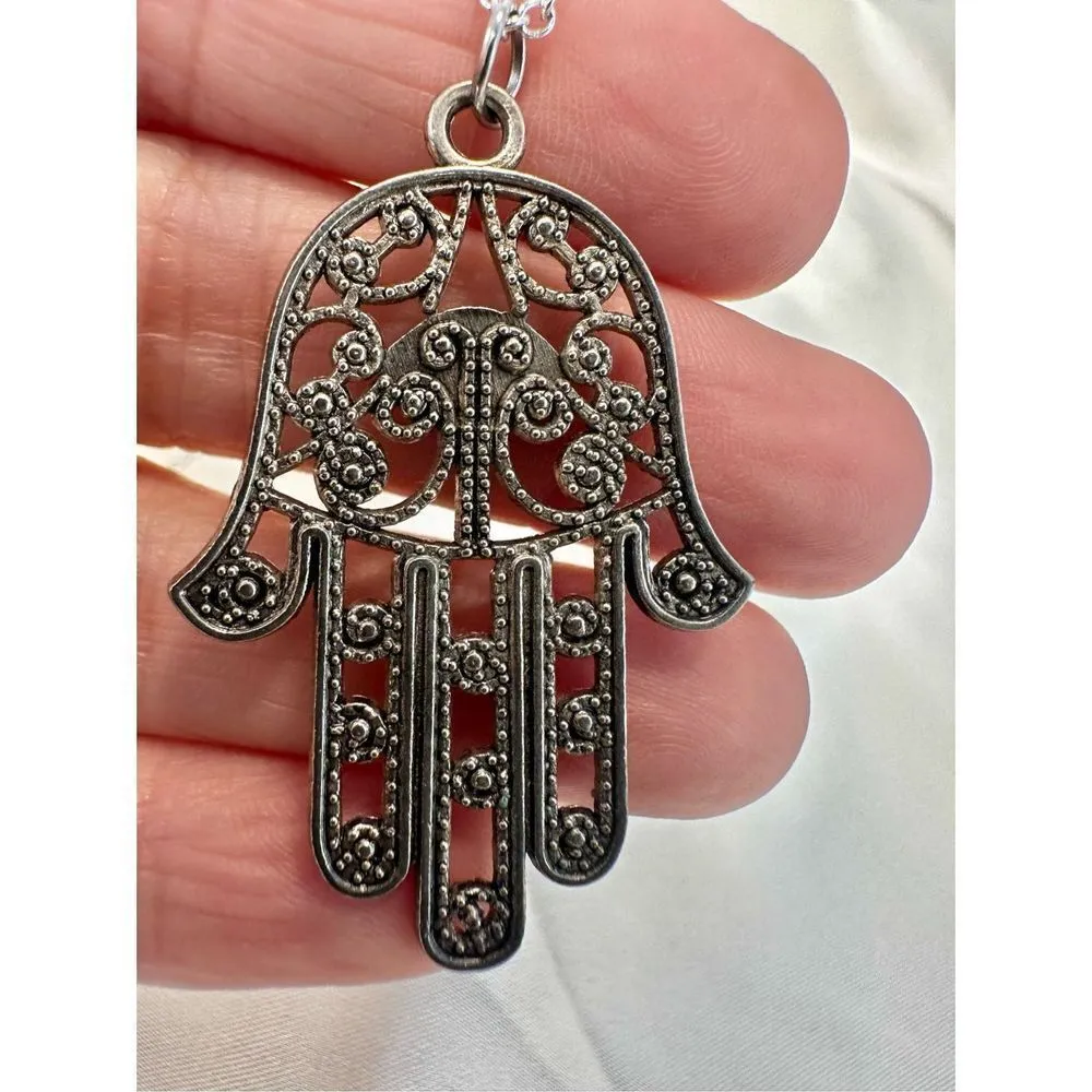 Silver tone Hamsa hand pendant necklace - Image 9