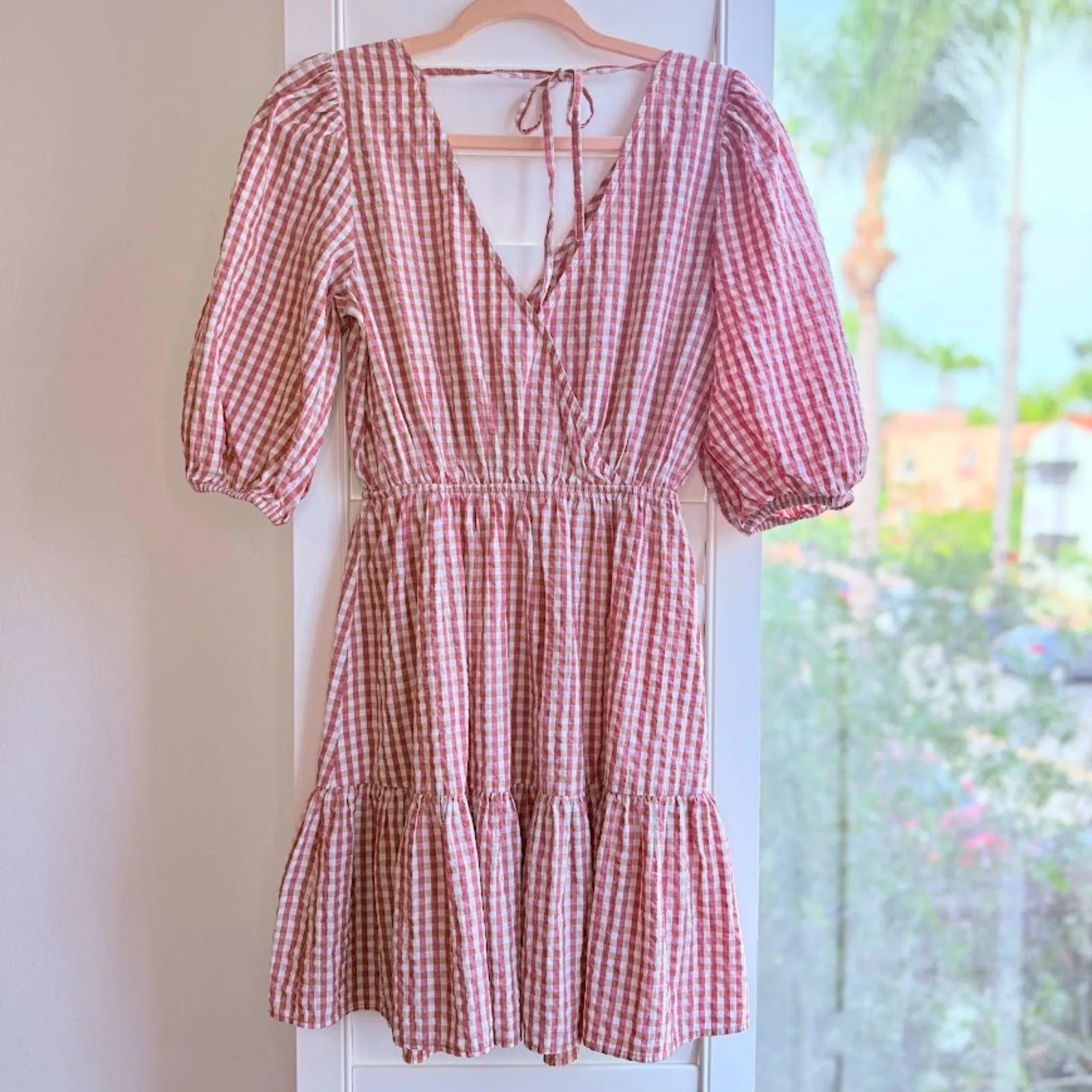 MANGO Vichy Red Gingham Mini Dress with Puff Sleeves & Tiered Skirt size XS - Image 4
