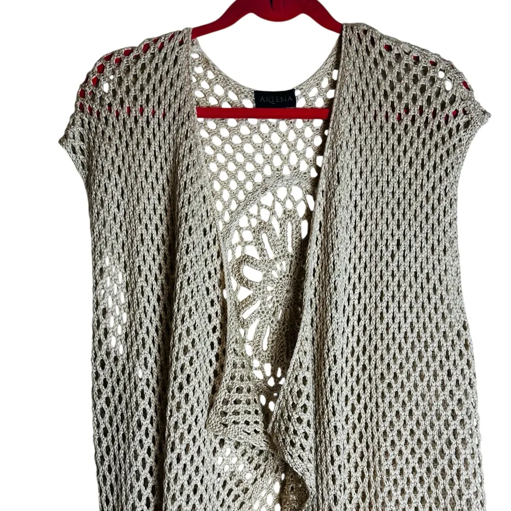 Artesia Crochet Knit Open Cardigan Fringe Vest Long Boho Festival Size Small - Image 3