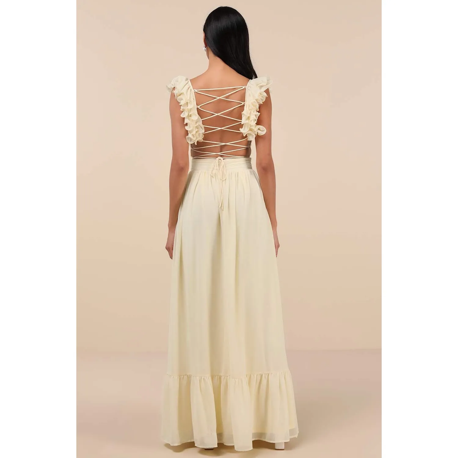 NWT Lulus Soiree Celebration Light Yellow Ruffled Lace-Up Maxi Dress Tiered Sz L - Image 3