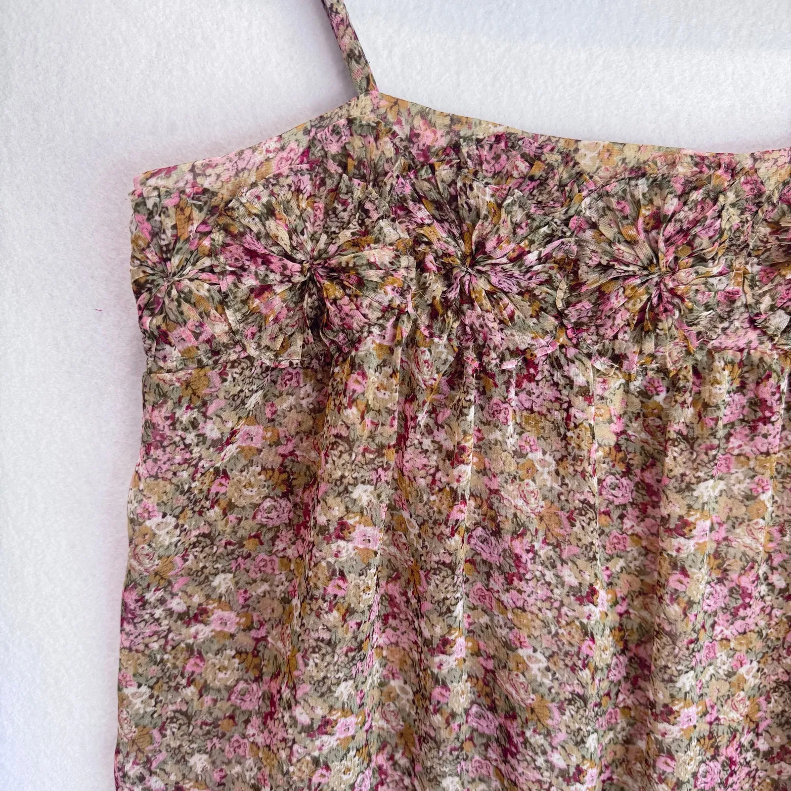 Andrée by Unit Cottagecore Floral Smocked Cami Top Ruffle Hem Sheer Tank S Brown - Image 9