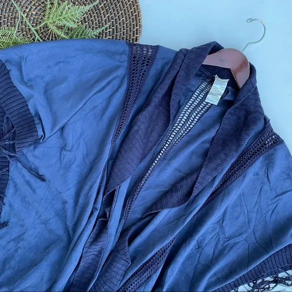 Chico’s Womens Kimono Top Boho Blue Faux Suede Fringe Crochet Wrap O/S - Image 2