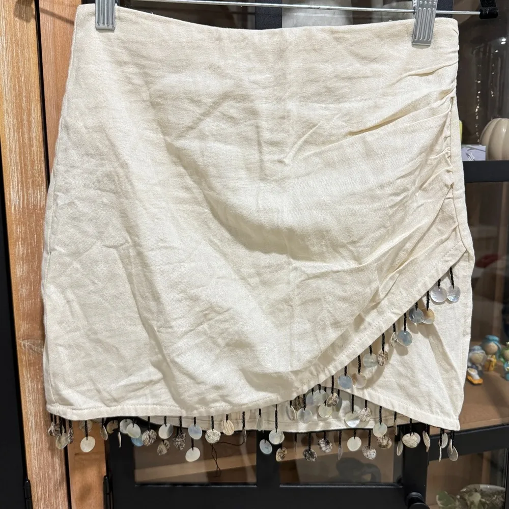 Zara Linen skirt coins embellished wrap mini beige sand tassels high waisted - Image 2