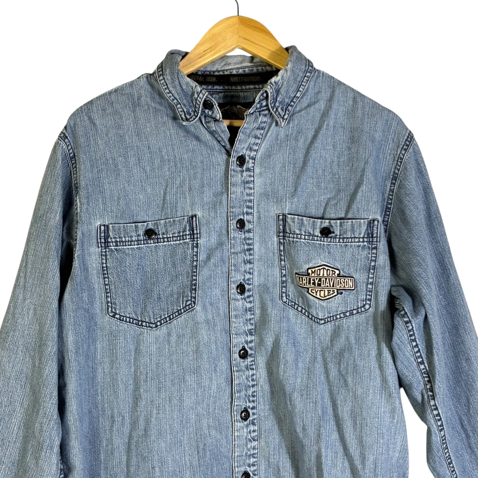 Harley Davidson Denim Button Up Shirt V Twin Power Embroidered Logo Size M Blue Size M - Image 2