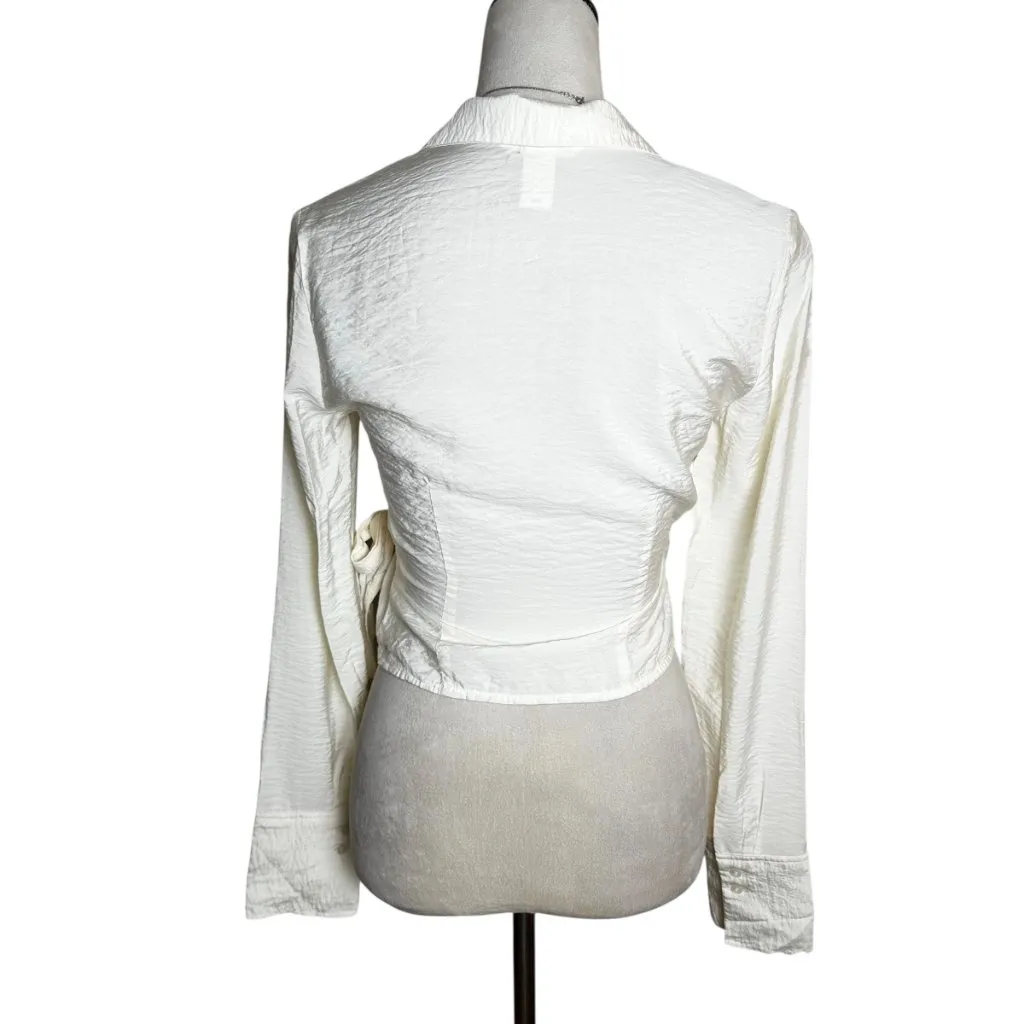 H&M Ivory Crinkle Textured Dressy Wrap Blouse XS | Clean Classy Minimalist Chic - Image 3