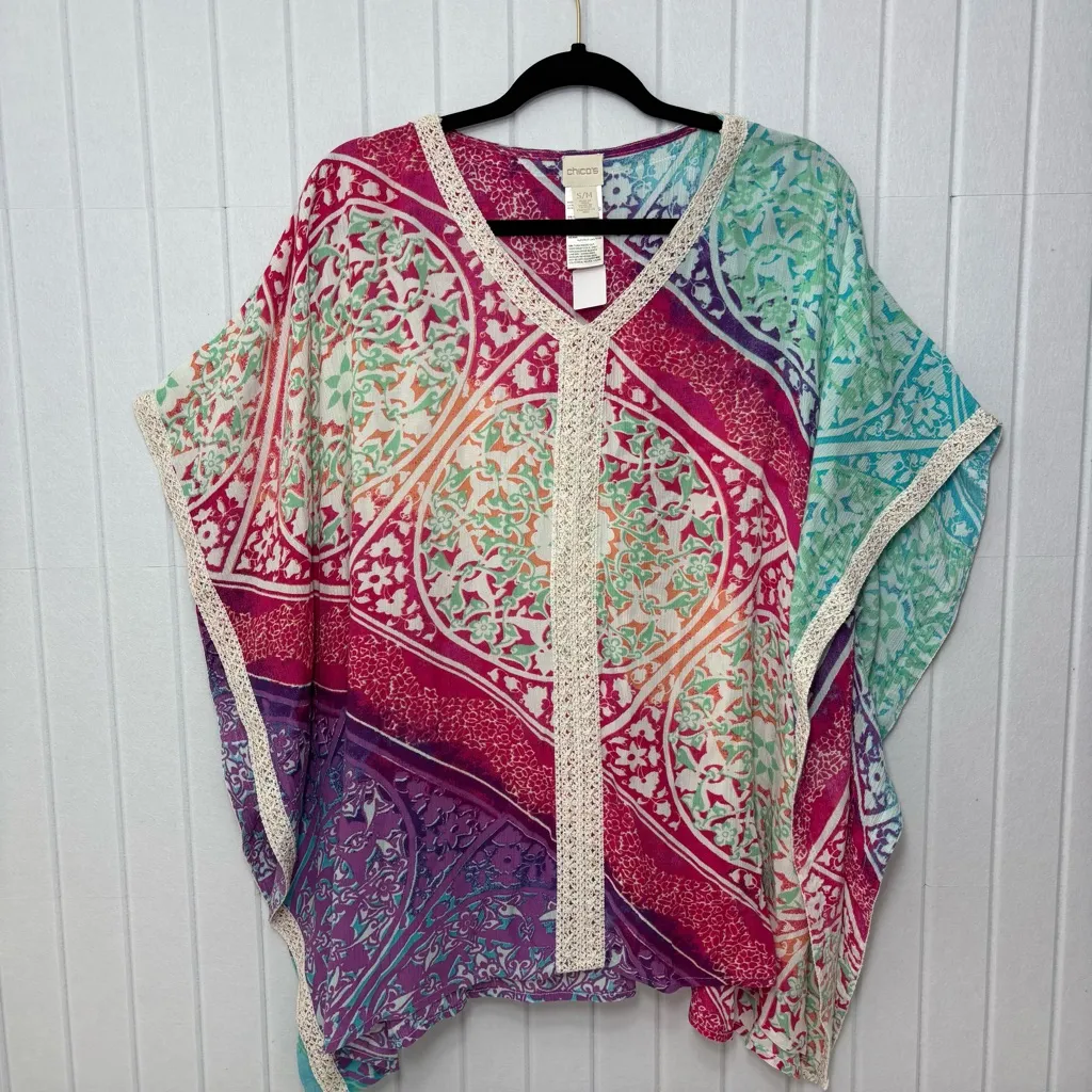Chicos Kaleidoscope Medallion Poncho Top Crochet
Metallic‎ Boho Beach Blouse S/M - Image 3
