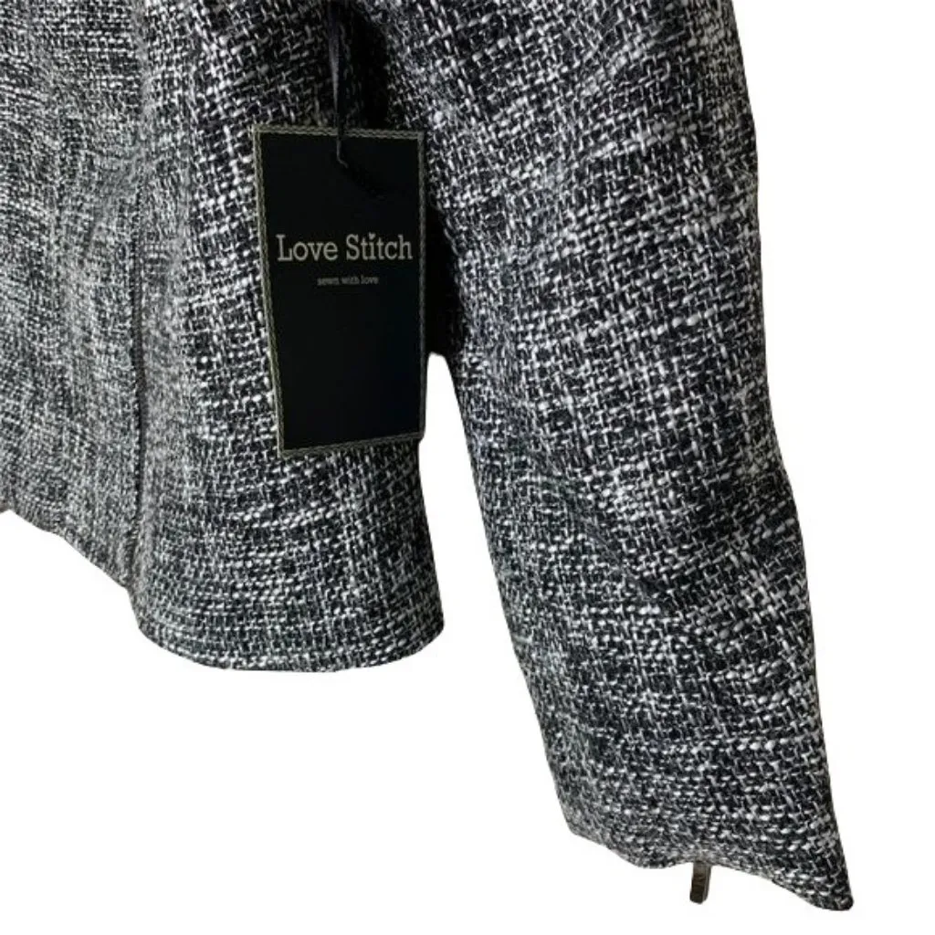Love Stitch Tweed Blazer Size Large Faux Leather Black White Zip Front New - Image 5