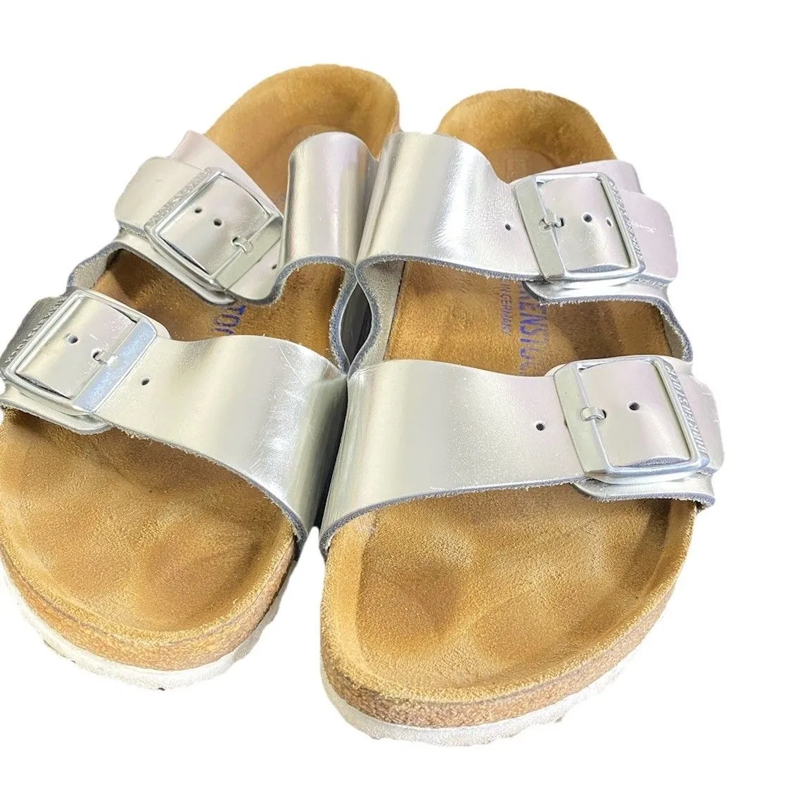 Birkenstock Women's Silver Metallic Leather Arizona Sandals Sz 40 W Sz 9 - Image 3