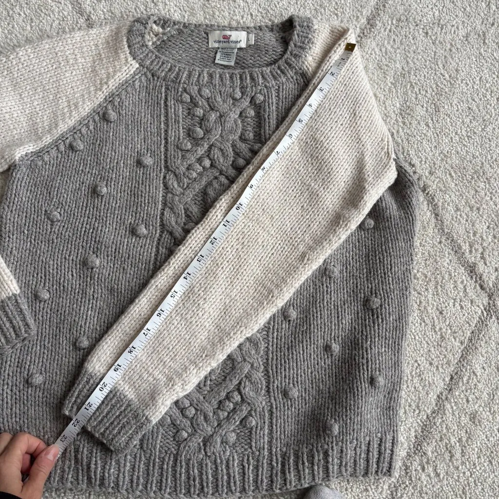 Vineyard Vines Gray & Cream Cable Knit Bobble Sweater Wool Angora Cashmere Blend - Image 5