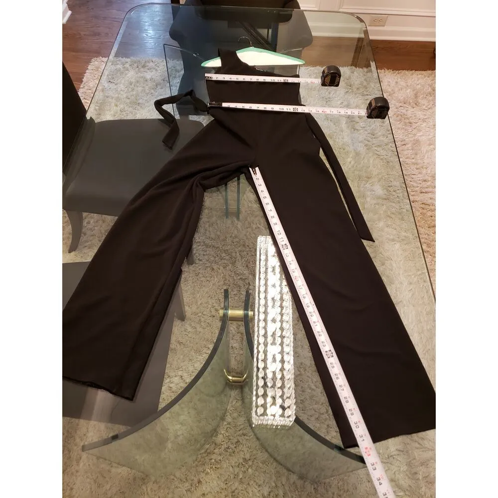 Nasty Gal Black One Shoulder Belted Jumpsuit Women’s Size 2 Stretch Wide Leg - Image 7