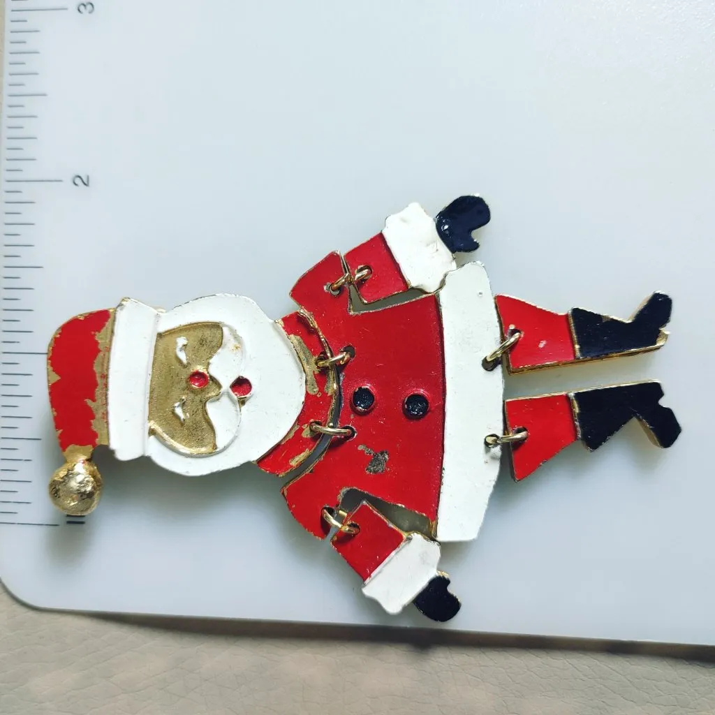 1950 Articulated Santa Claus Enamel Pin Brooch Vintage Gold Tone Metal Christmas Red - Image 11