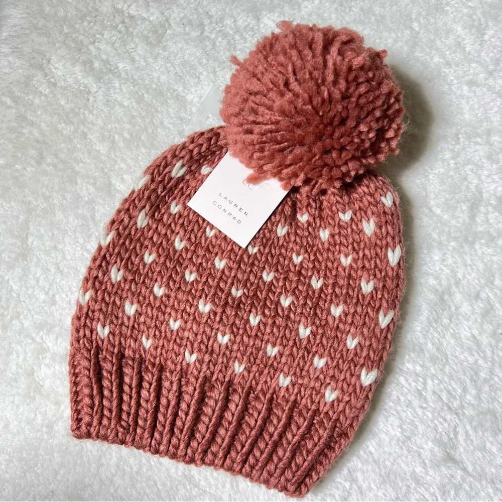 NWT LC Lauren Conrad Pink and White Heart Chunky Knit Pom Beanie Hat - Image 2