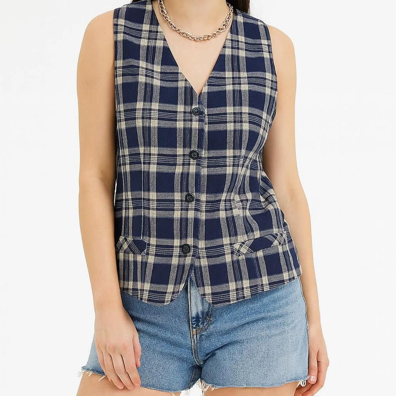 vintage Y2K 2000s retro 90s 1990s Blue and white plaid vest Size L - Image 8