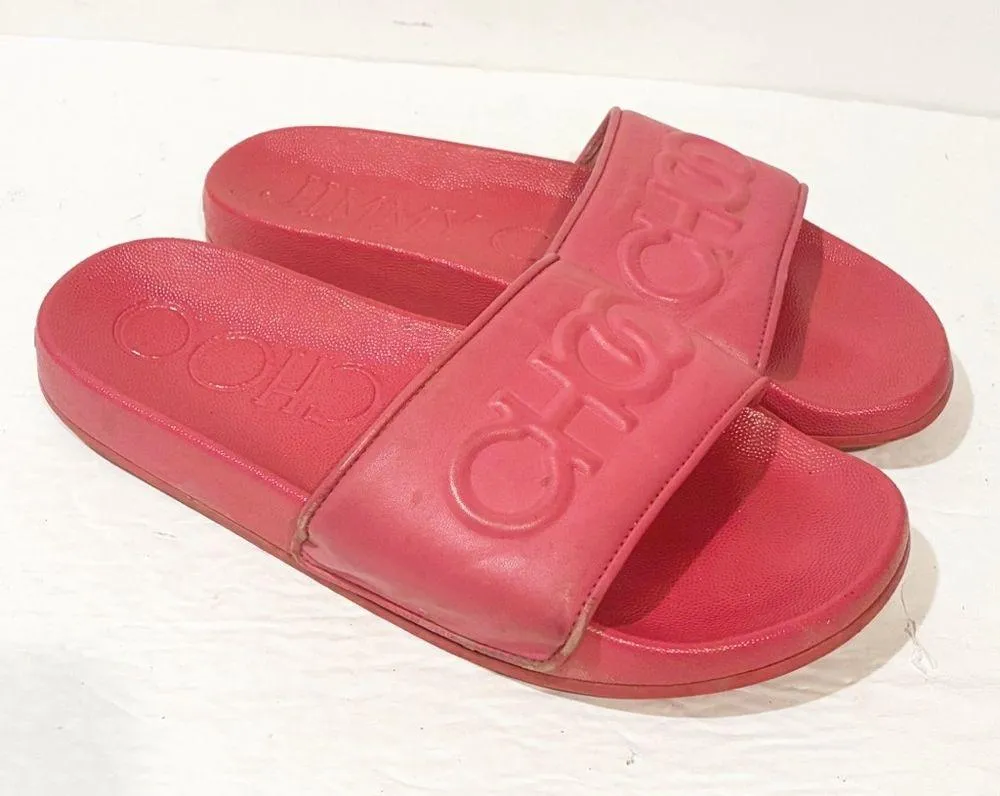 Jimmy Choo Womens 39/9 Azari/F Leather Embossed Slides Sandals Dragon Fruit Pink - Image 4