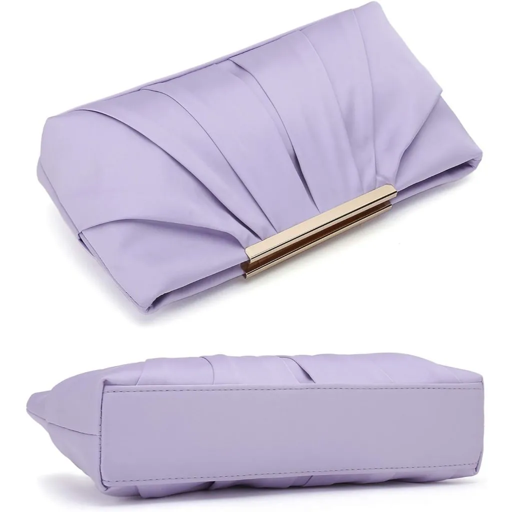 ⚡ Women's Elegant Evening Pleated Satin Simple Classy Light Purple Clutch Bag - Image 5