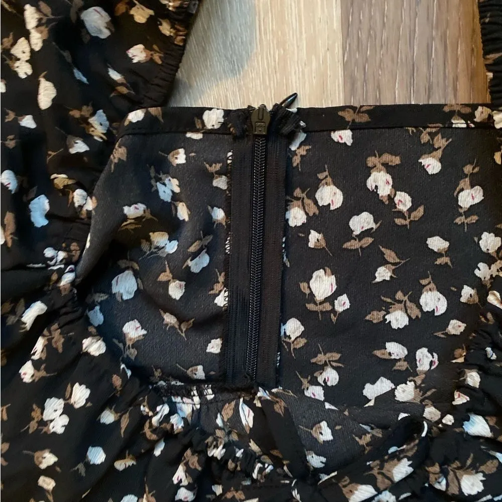 Dark‎ Floral Milkmaid Long Sleeve Black Midi Dress Large Cottagecore Boho Dainty - Image 7