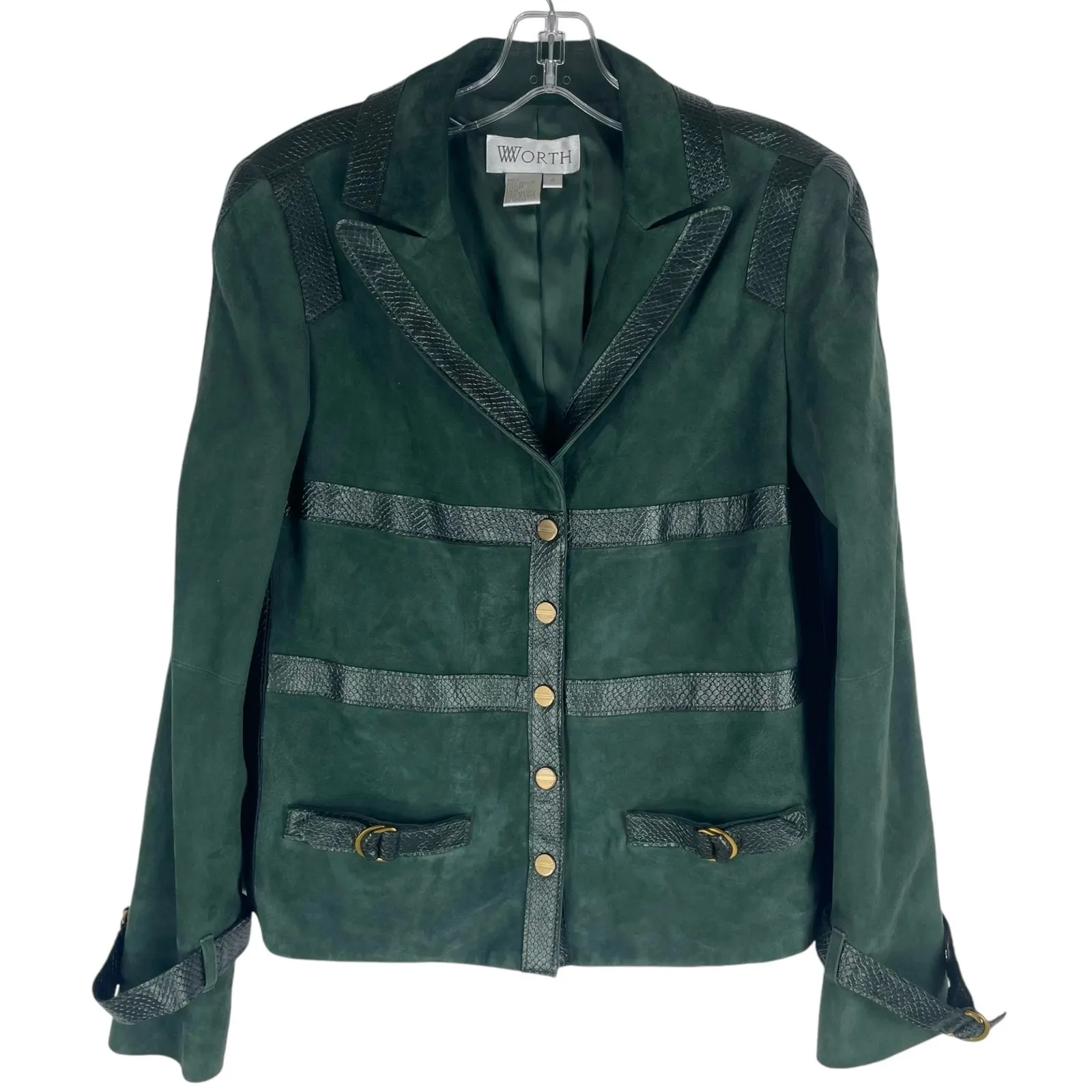 Worth NY Snake Leather Trim Suede Jacket Snap Button Dark Green Size 4 - Image 3
