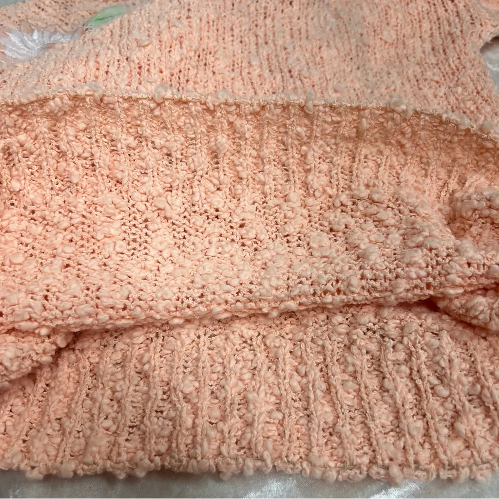 Vintage 80’s M peach Knit short sleeve Sweater Floral Embroidery Orange Size M - Image 8
