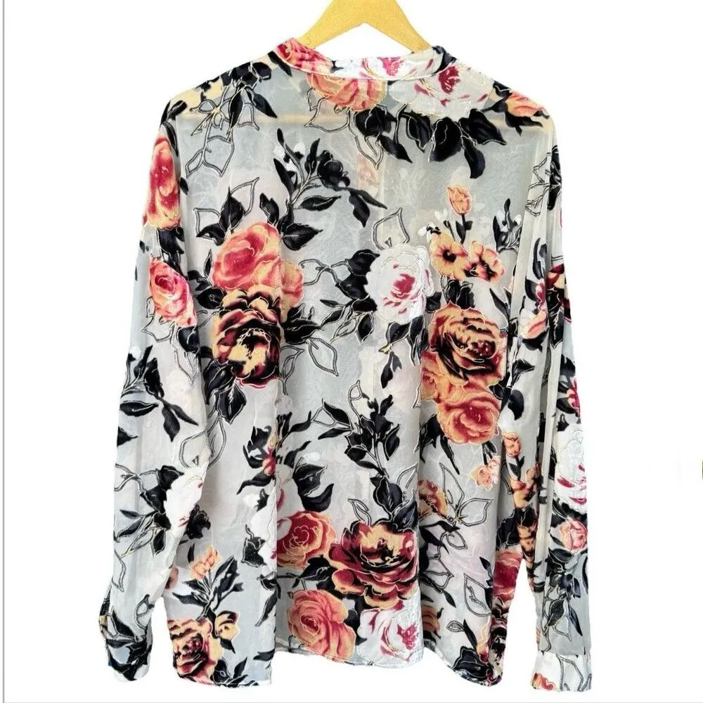 Tribal Womens Floral Velvet Burnout Button Up Top Size L Whimsigoth Fairy Boho Pink Size L - Image 2