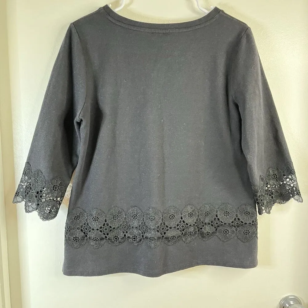 Talbots Women's Lp Solid Black 3/4 Sleeve Lace Trim Sweatshirt - Image 9