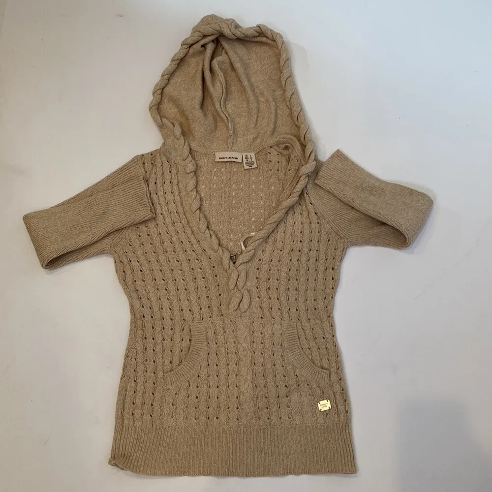 Dkny Beige Cable Knit V-Neck Hooded Sweatshirt EUC Sz Sm Cotton Pullover - Image 13