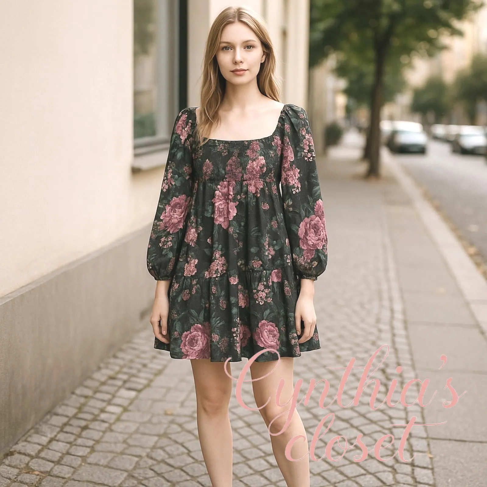 Crystal Doll Floral Babydoll Dress XL Smocked Square Neck Long Sleeve Boho - Image 2