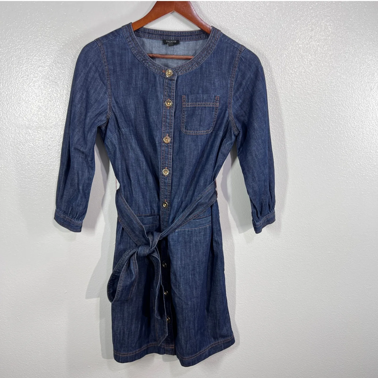 Talbots Petite Denim Shirt Dress Tie Belt‎ 3/4 Sleeve 100% Cotton Button Front P - Image 2