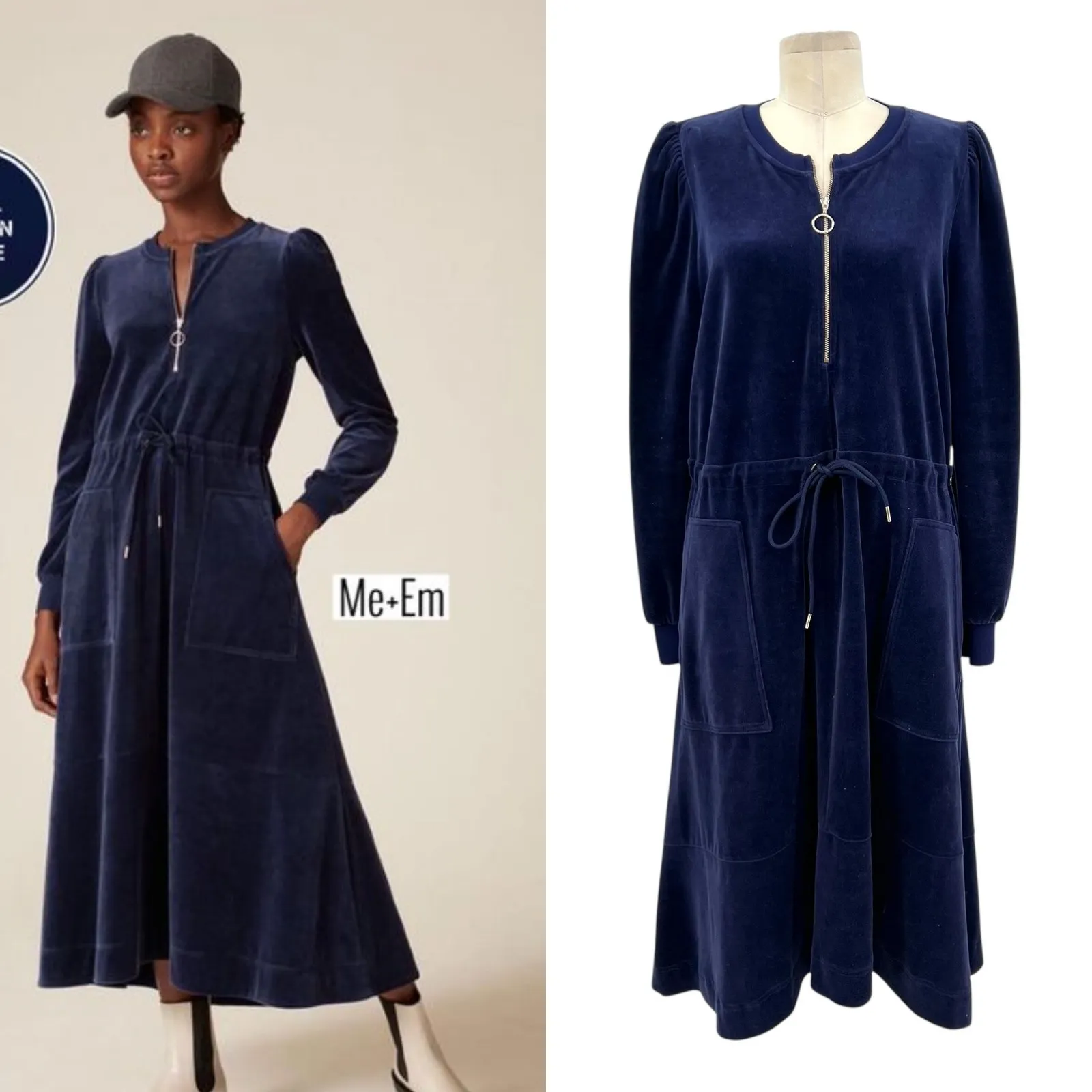 Me +‎ Em Velour Dress Zip Front Midi Length Long Sleeve Navy Blue Size US 12 - Image 2