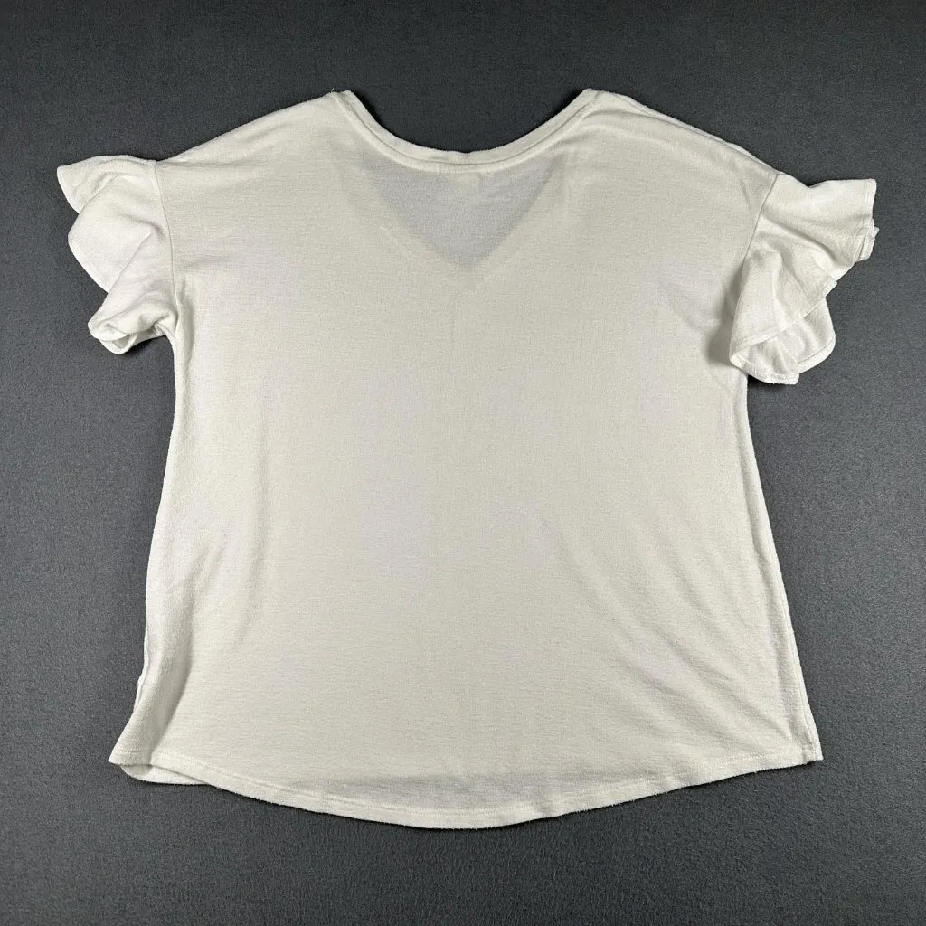 A New Day Shirt Womens Large White Ruffle Sleeve V Neck Soft Tee Top Terry Cloth - Image 8