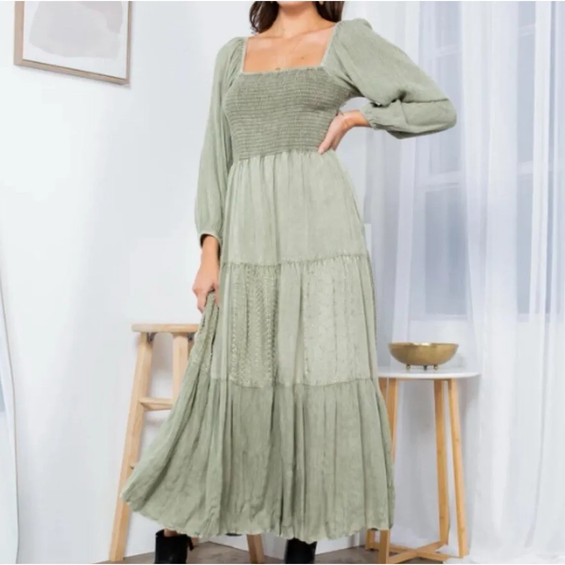 Young Threads The Olive Dress Cottage Core Boho Smocked Embroidered Maxi Sz M‎ - Image 2