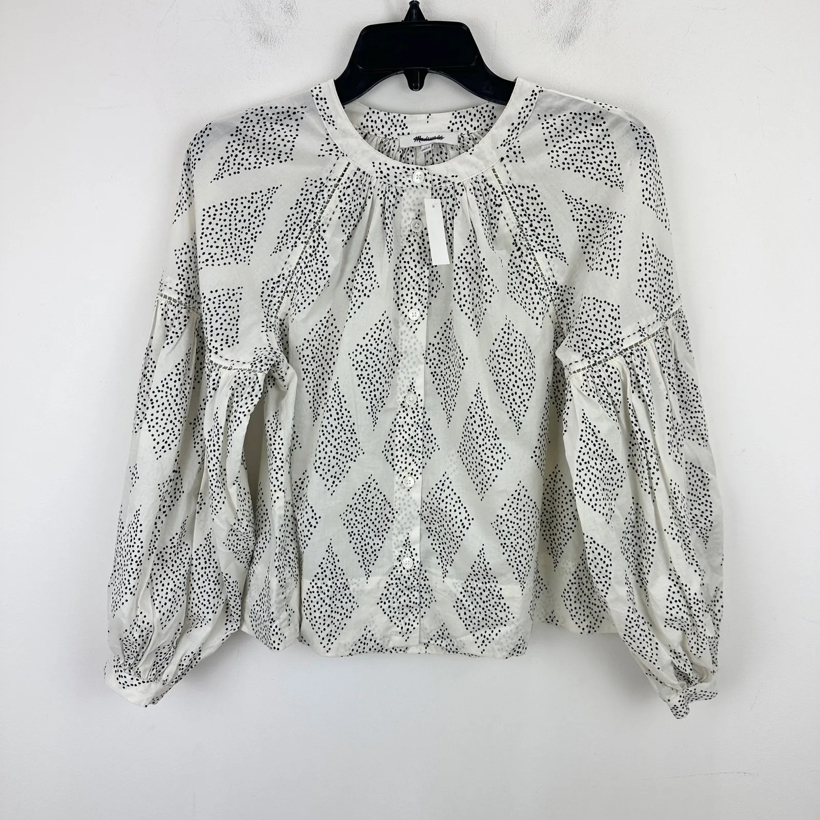 Madewell Shirred Balloon Sleeve Top Blouse Geometric Print Lighthouse XXS NWT - Image 7