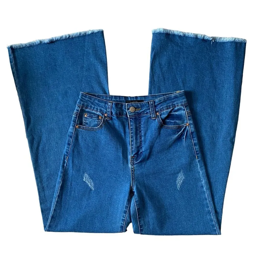 Forever 21 small denim pant/long wide leg frayed hem medium wash button zip - Image 9