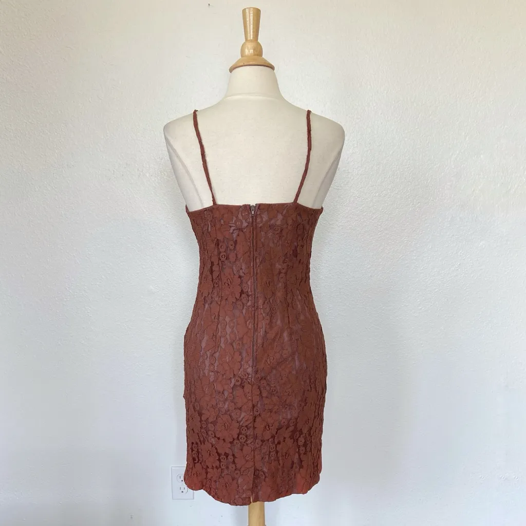 Vintage 70s 80s Brown Lace Sleeveless Sheath Cocktail Dress Size L - Image 7