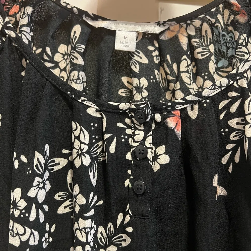 Black Mini Short Sleeve Dress with Flower and Butterfly Prints - Image 5