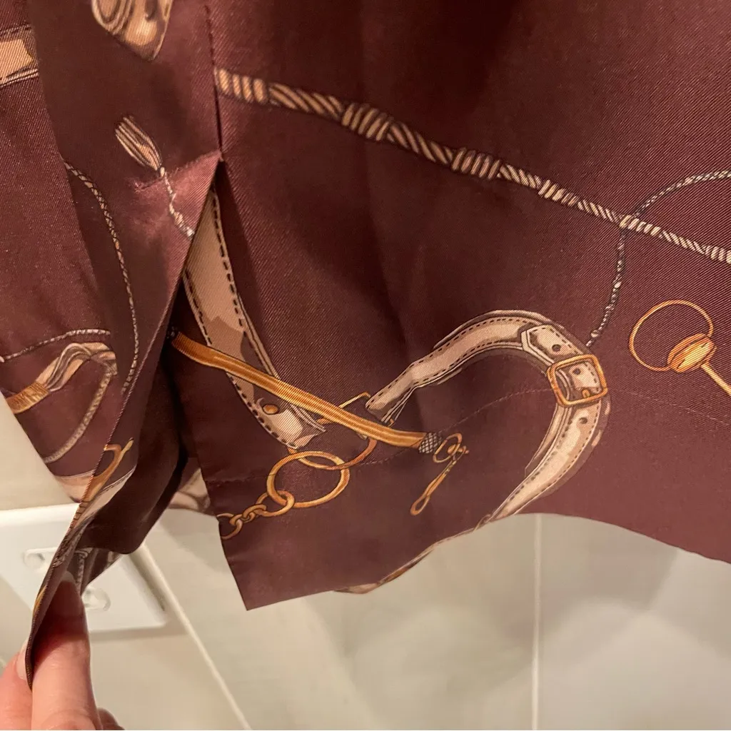 Cute classic chocolate brown silk equestrian horse bait tie waist midi dress - Image 9