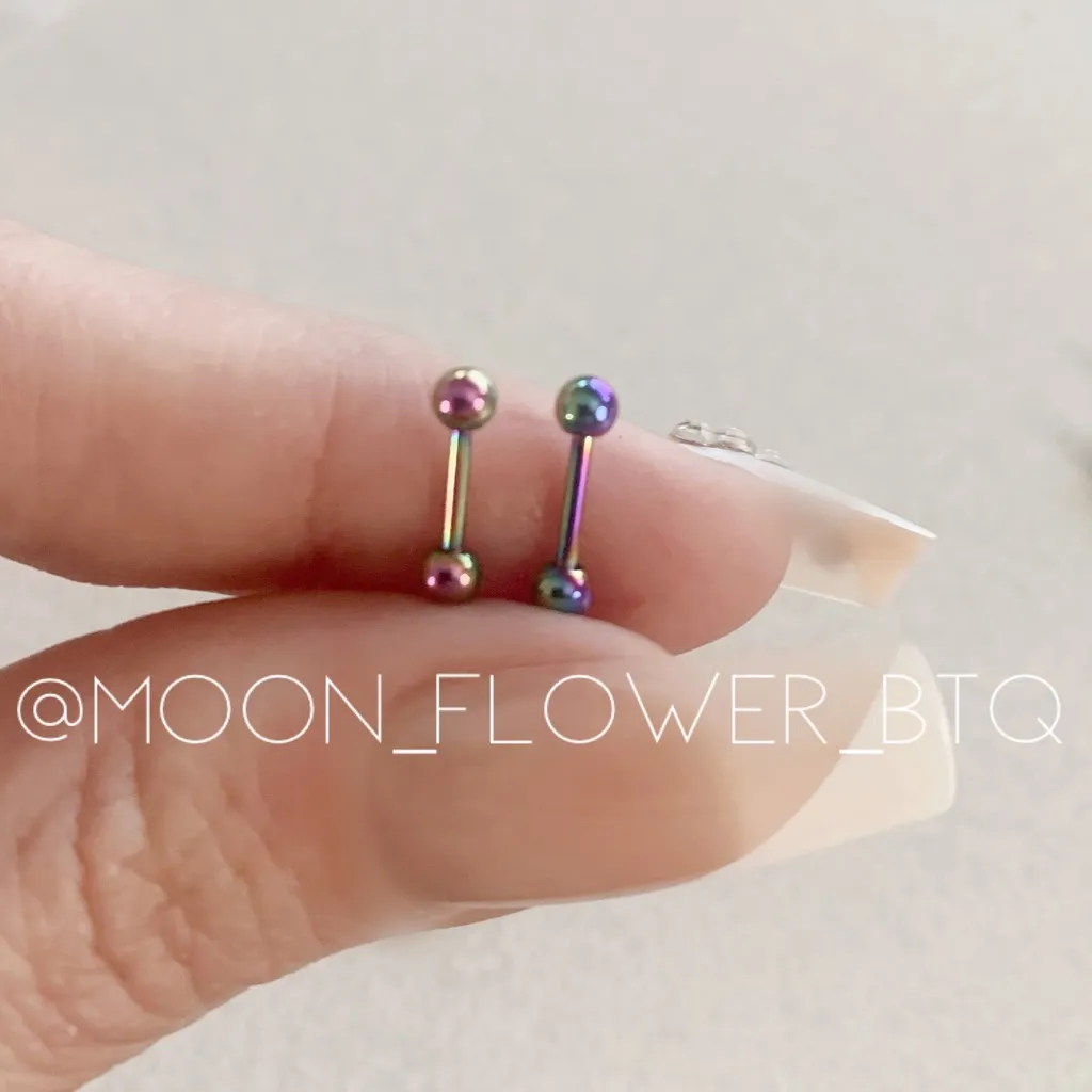 Tiny Rainbow Barbell Earrings 3mm Pink - Image 4